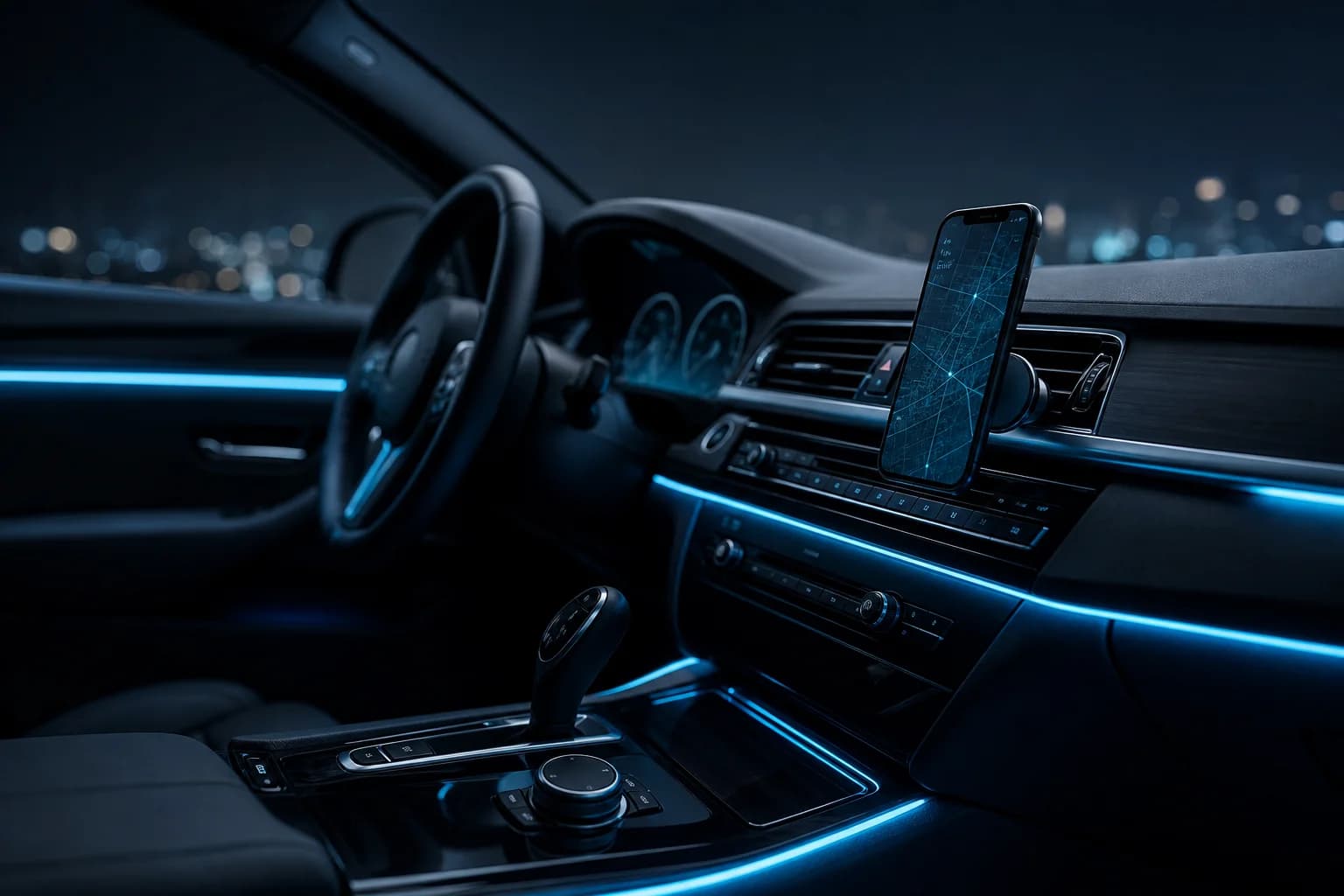 Smartphone mounted on a magnetic car vent mount glowing at night
