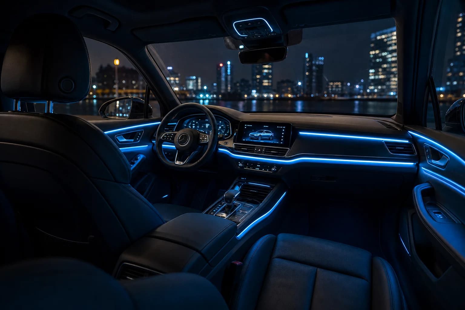 Car interior glowing with cyan LED ambient lighting